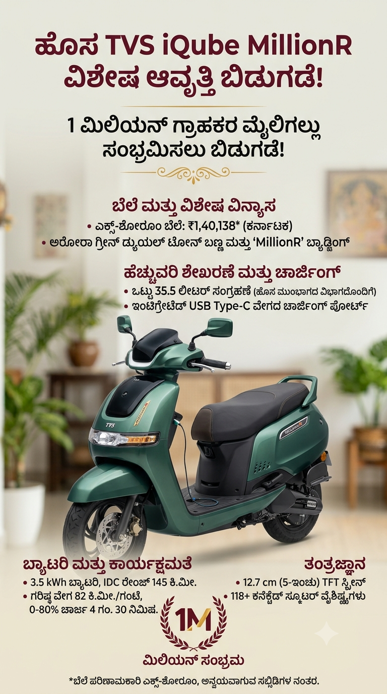 TVS iQube MillionR Special Edition ಬಿಡುಗಡೆ: 1 ಮಿಲಿಯನ್ ಗ್ರಾಹಕರ ಸಂಭ್ರಮಕ್ಕೆ ಹೊಸ ಅವತಾರ