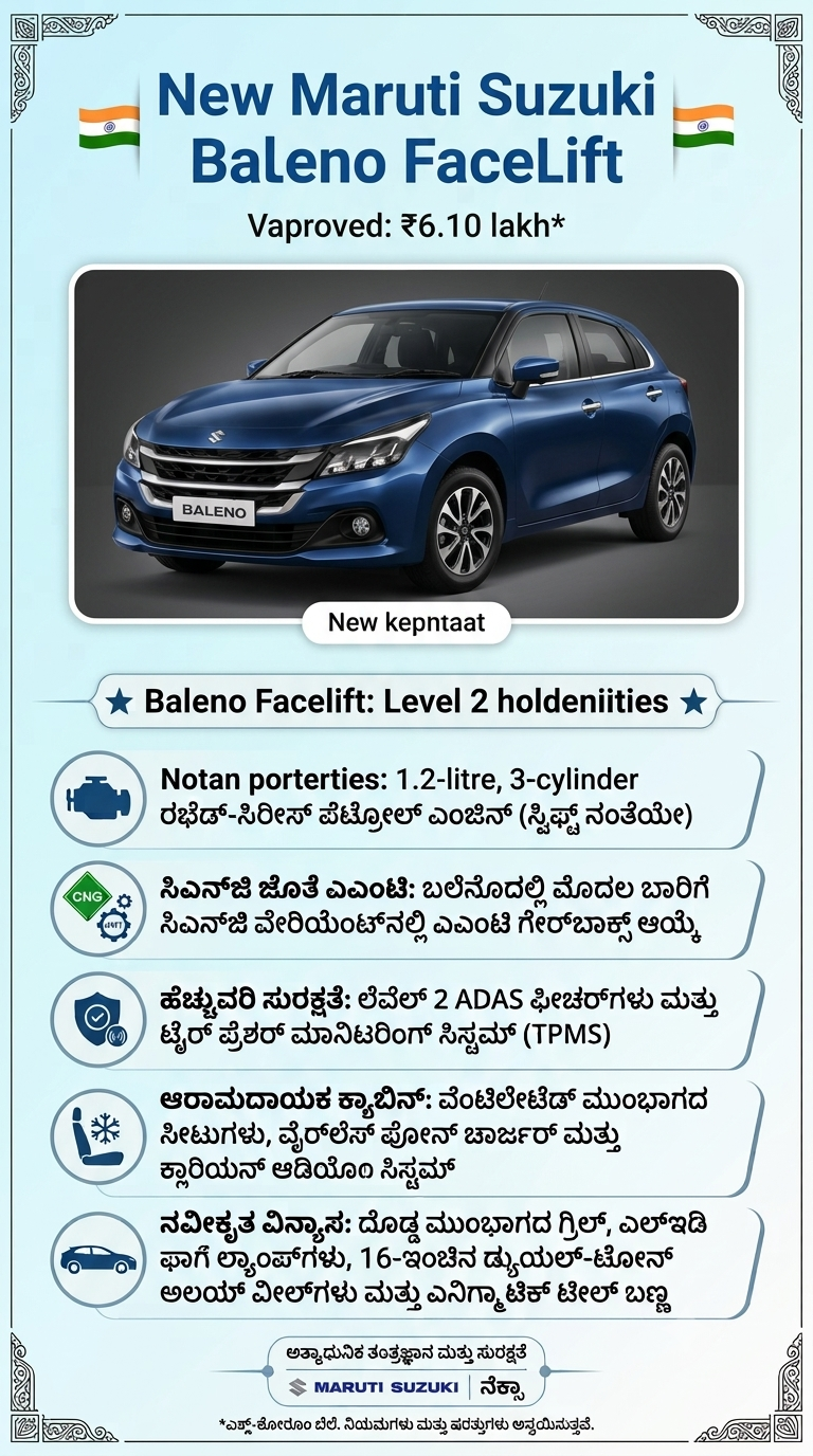 2026 ಮಾರುತಿ ಸುಜುಕಿ ಬಲೆನೊ ಫೇಸ್ಲಿಫ್ಟ್ ಬಿಡುಗಡೆ: ಬೆಲೆ, ಹೊಸ ಎಂಜಿನ್, ADAS ಮತ್ತು ವೈಶಿಷ್ಟ್ಯಗಳು — 1/5