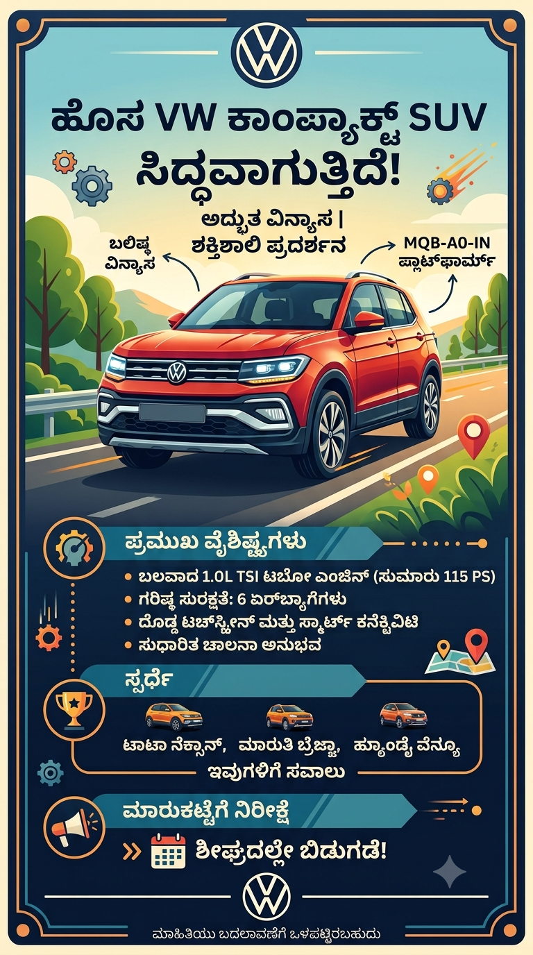 Volkswagen Tera SUV: ಭಾರತದಲ್ಲಿ 2027ಕ್ಕೆ ಹೊಸ ಕಾಂಪ್ಯಾಕ್ಟ್ SUV ಬಿಡುಗಡೆ, Nexon-Brezzaಗೆ ಪೈಪೋಟಿ