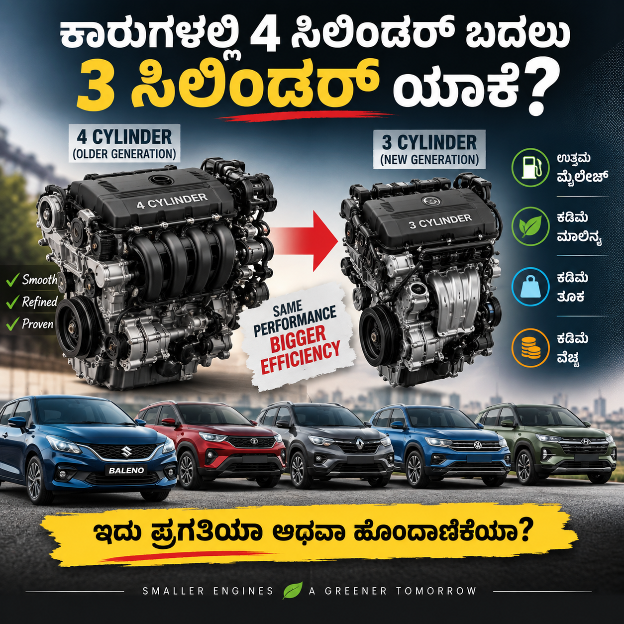 ಕಾರುಗಳ ಎಂಜಿನ್ಗಳಲ್ಲಿ 4 ಸಿಲಿಂಡರ್ ಬದಲು 3 ಸಿಲಿಂಡರ್ ಯಾಕೆ? — 1/1