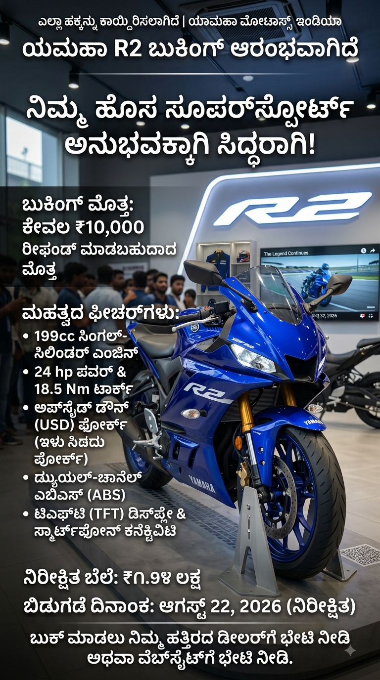 Yamaha R2: ಆಗಸ್ಟ್ 27ರಂದು ಭಾರತದಲ್ಲಿ ಬಿಡುಗಡೆಯಾಗಲಿದೆ ಹೊಸ ಸ್ಪೋರ್ಟ್ಸ್ ಬೈಕ್; ಈಗಾಗಲೇ ಬುಕಿಂಗ್ ಆರಂಭ