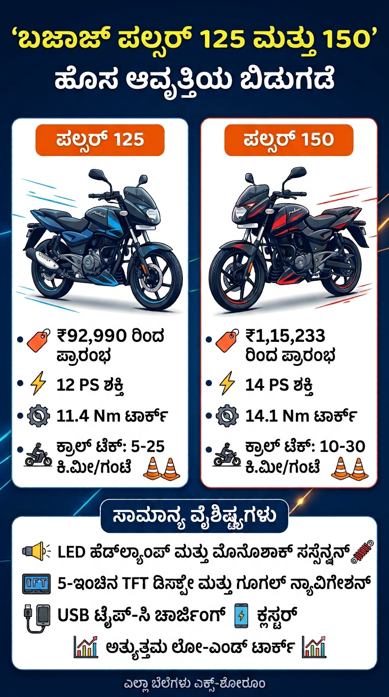 ಹೊಸ ಬಜಾಜ್ ಪಲ್ಸರ್ 125 ಮತ್ತು ಪಲ್ಸರ್ 150 ಬಿಡುಗಡೆ: ₹92,990ರಿಂದ ಬೆಲೆ, ಹೊಸ ಎಂಜಿನ್ ಮತ್ತು TFT ಡಿಸ್ಪ್ಲೇ